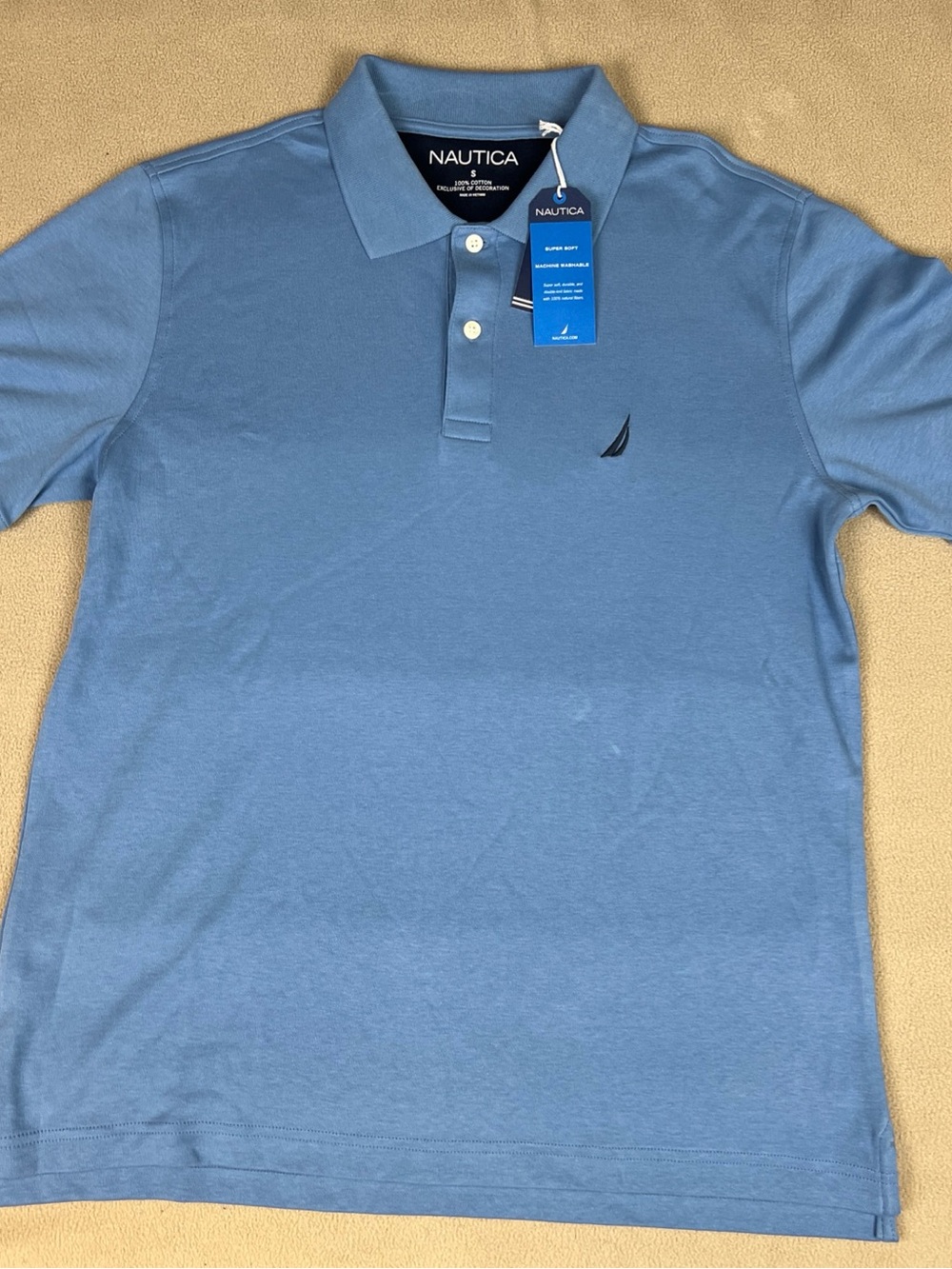 Nautica Interlock Cotton Polo, Harbor Rain Short Sleeve, Blue. Men's Sz Small